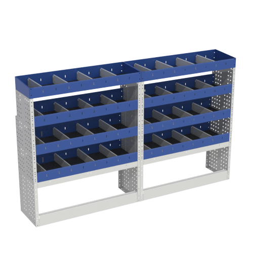 Scaffalatura interna base, sinistra colore blu con 2 copri passaruota aperti e scaffalature blu con divisori e scaffalatura terminale con divisori per veicoli  opel vivaro l1h1